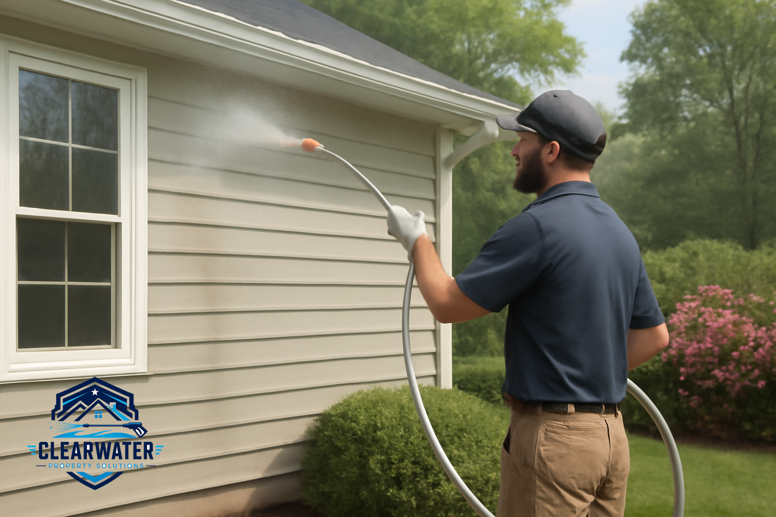Technician using soft wash equipment on house siding with low pressure.