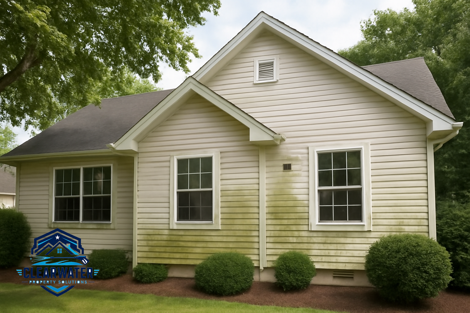 Exterior of house showing visible buildup beneath shaded areas and around trim.