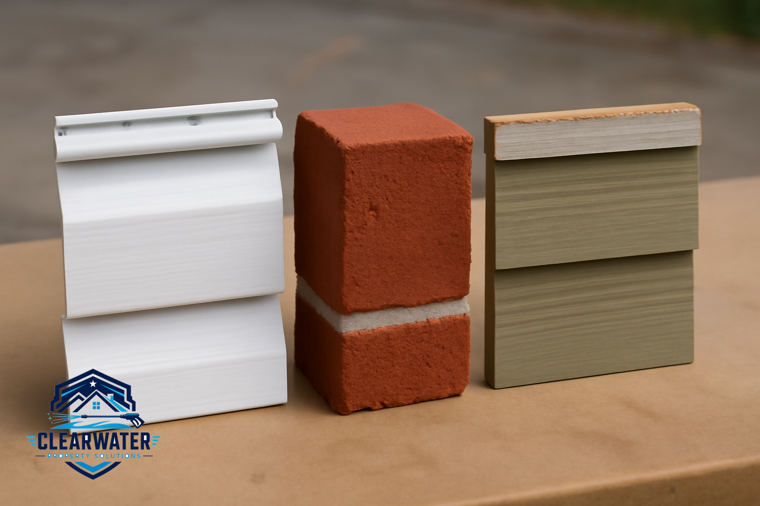 Vinyl siding, brick and painted fiber-cement samples with visible surface textures.